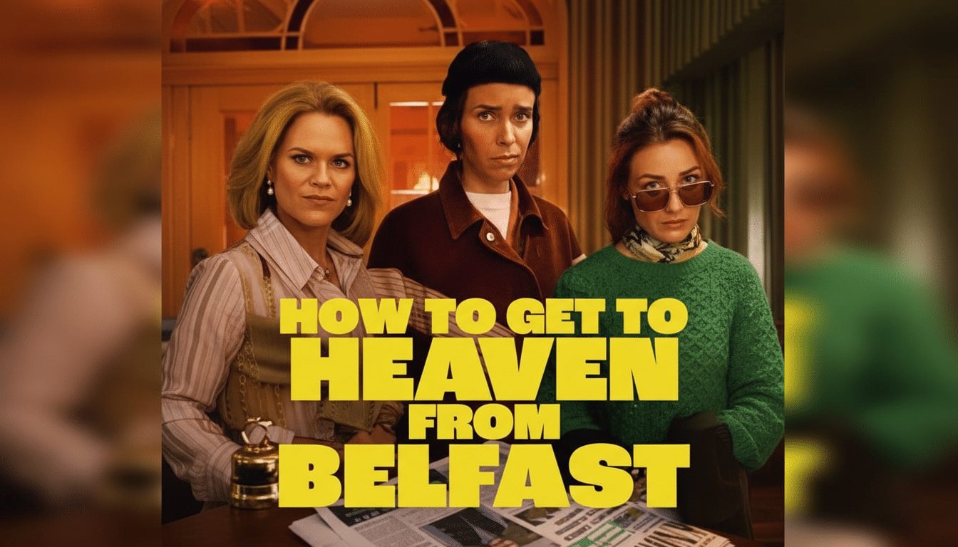 A promotional image for How to Get to Heaven From Belfast featuring three women, with the title text prominently displayed.