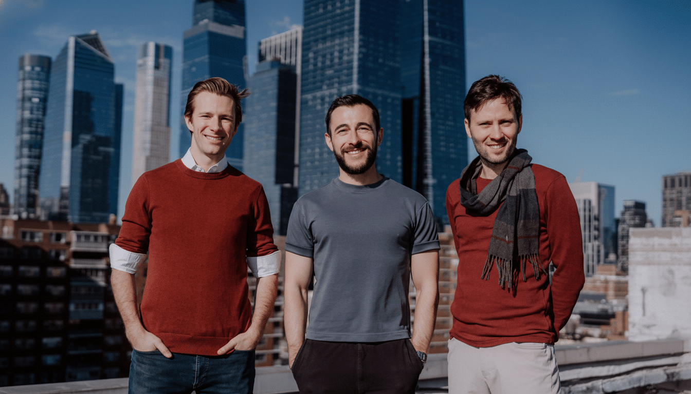 Three men standing on a rooftop with a city skyline in the background, resized to a 16:9 aspect ratio.