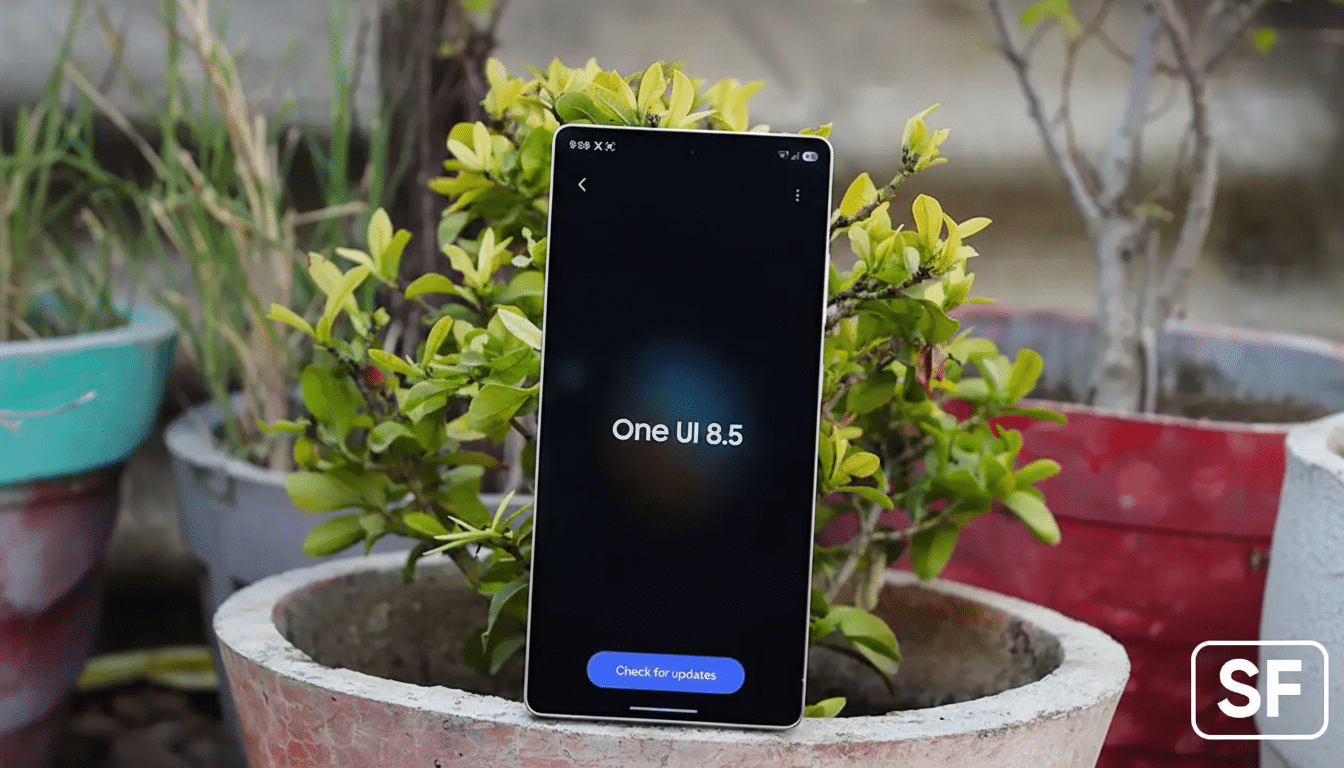 A smartphone displaying One UI 8.5 on its screen, placed in a potted plant, resized to a 16:9 aspect ratio.