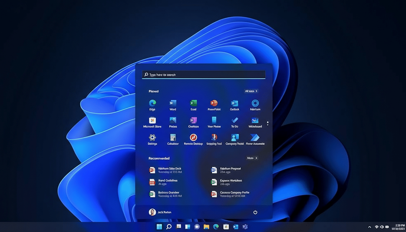 A screenshot of the Windows 11 desktop with the Start menu open, displaying pinned applications and recommended documents.