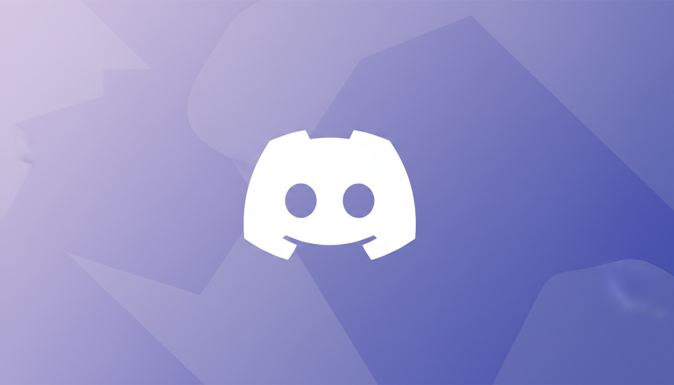 The Discord logo, a white game controller-like icon with two circles for eyes and a curved line for a mouth, centered on a professional 16:9 aspect ratio background with soft purple gradients and subtle geometric patterns.
