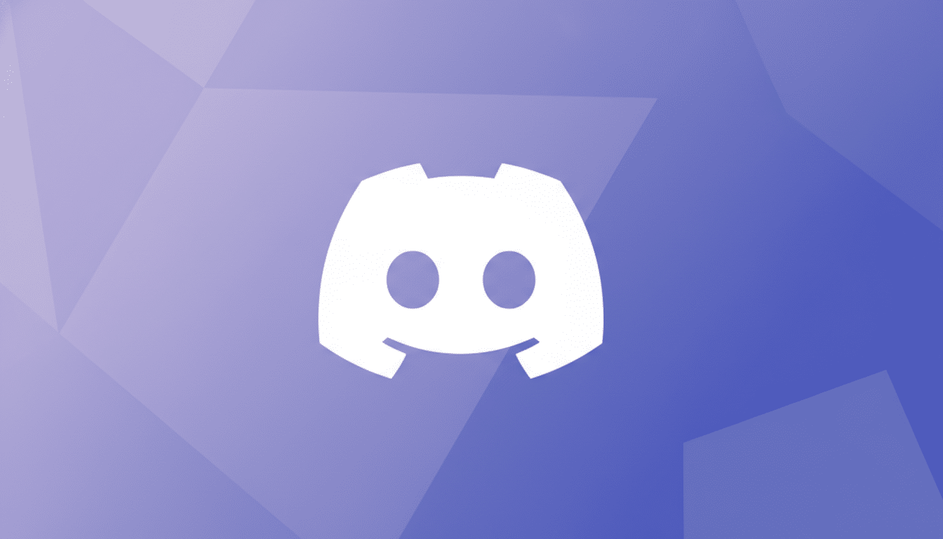 The Discord logo, a white gamepad-like icon with two circles for eyes and a curved line for a mouth, centered on a professional 16:9 aspect ratio background with soft purple geometric patterns.