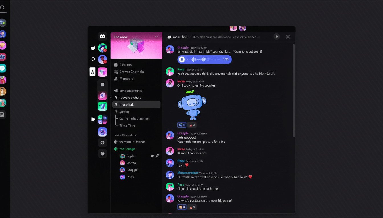 A screenshot of a Discord chat interface, resized to a 16:9 aspect ratio. The interface shows a dark theme with various channels listed on the left, including The Crew, announcements, resource-share, mess-hall, gaming, and Trivia Time. The main chat area displays messages from users like Graggle, Rose, locke, Phibi, and Moatmonsturr in the #mess-hall channel. A blue monkey-like avatar is visible in the chat.