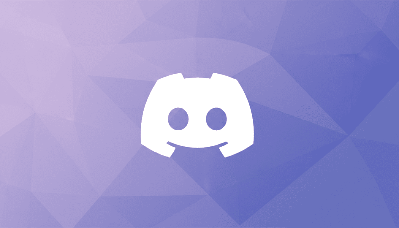 The Discord logo, a white game controller-like icon with two circles for eyes and a curved line for a mouth, centered on a professional 16:9 aspect ratio background with a soft, polygonal gradient pattern in shades of purple and blue.