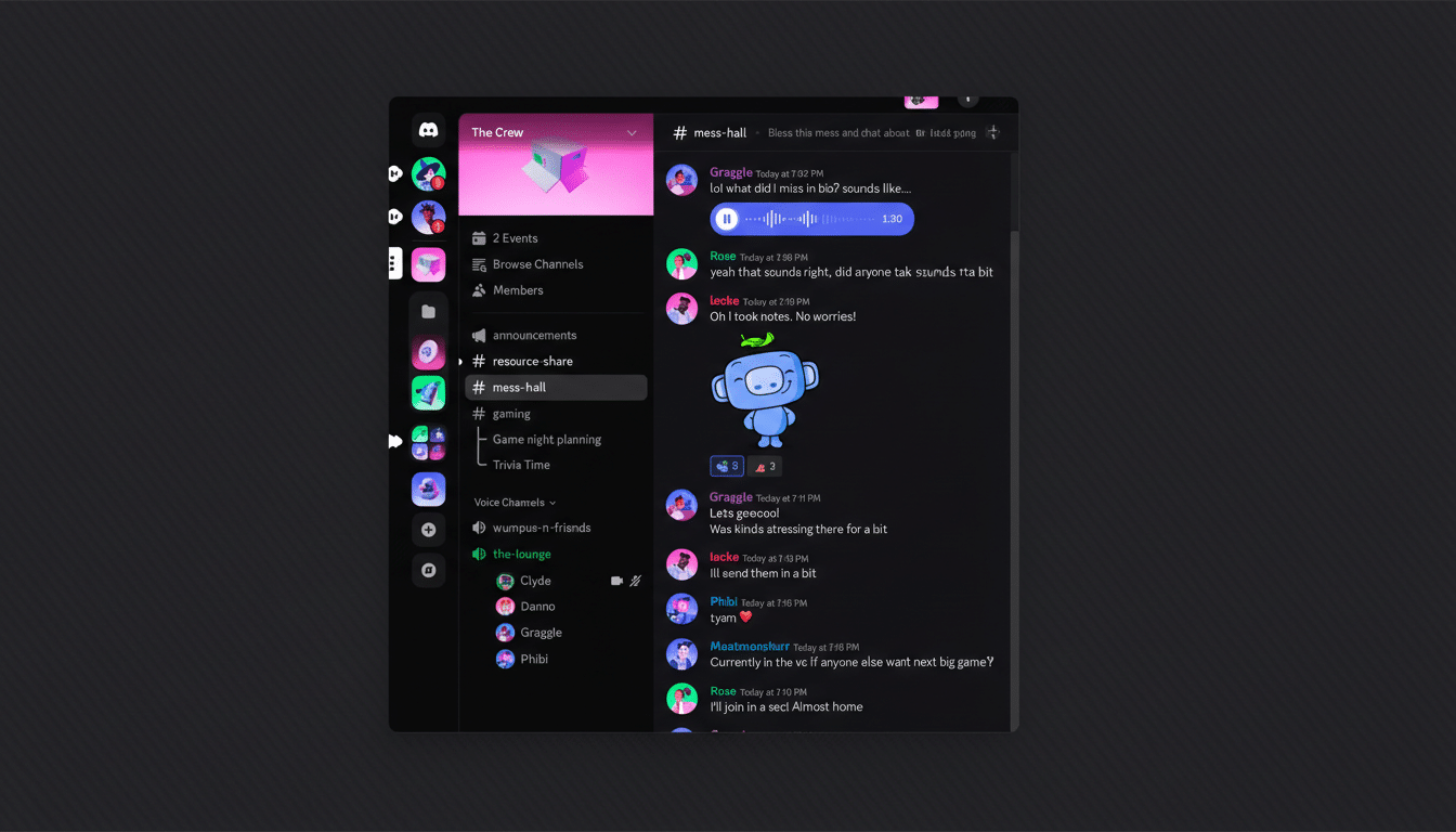 A professional, enhanced image of a Discord interface, resized to a 16:9 aspect ratio. The interface displays various channels, user interactions, and a chat log, set against a clean, dark background.