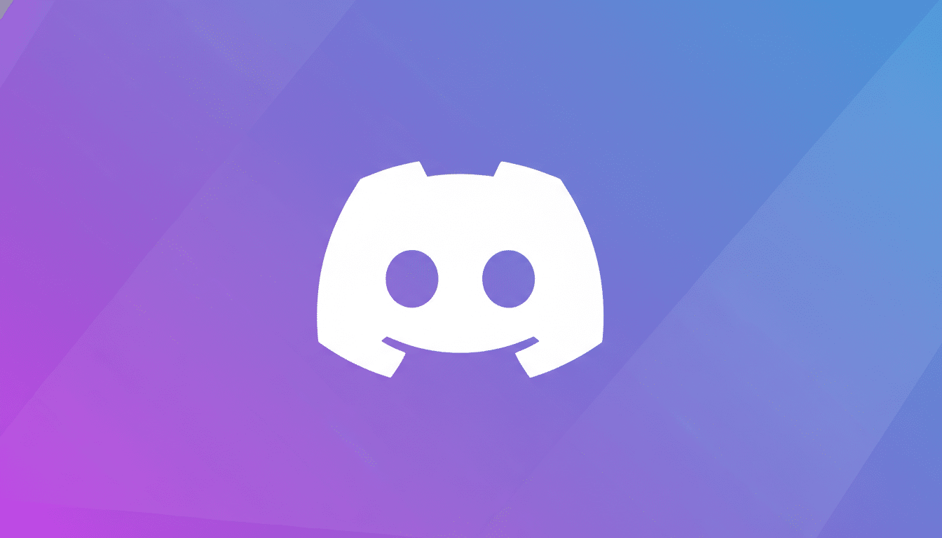 The Discord logo, a white gamepad-like icon with two circles for eyes and a curved line for a mouth, centered on a professional 16:9 background with a soft purple and blue gradient and subtle geometric patterns.