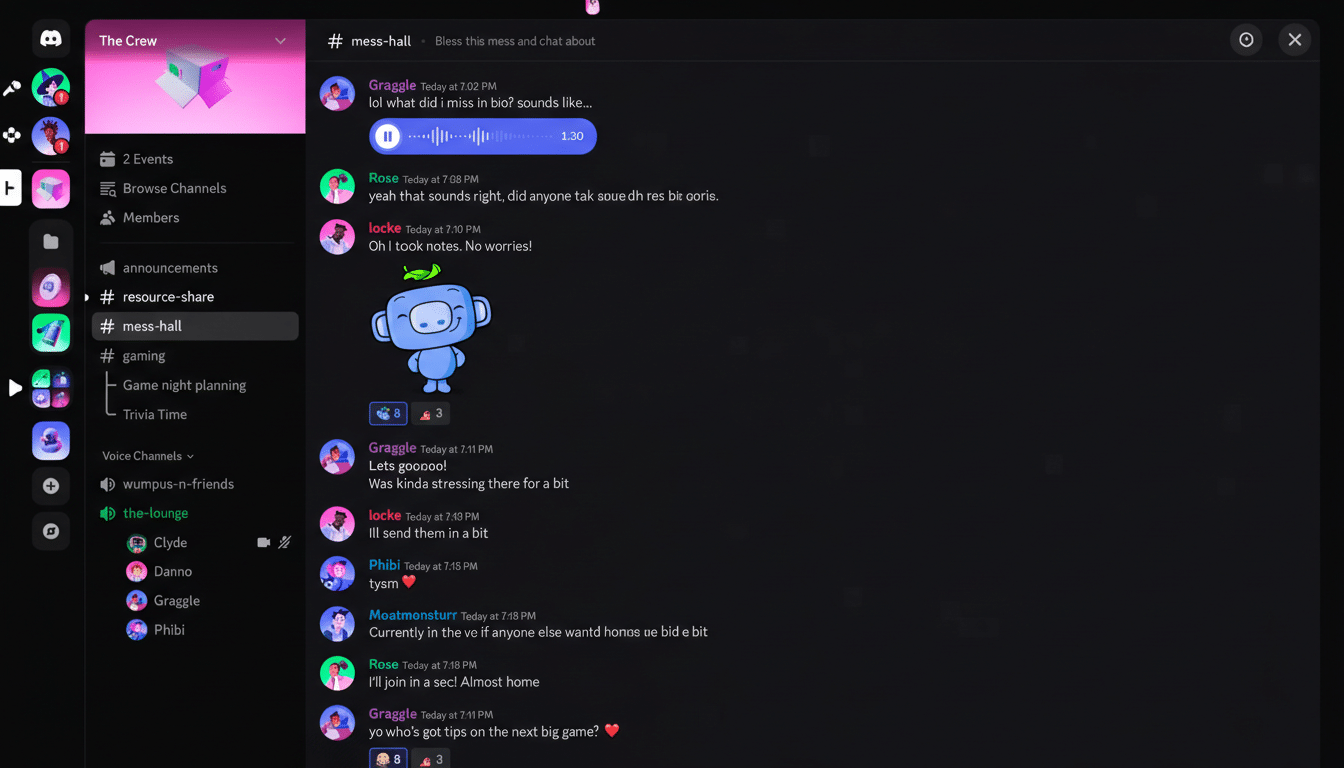A screenshot of a Discord chat interface, resized to a 16:9 aspect ratio. The chat shows various users discussing and sharing messages, with a focus on the mess-hall channel. The overall design is dark and professional, maintaining the original interface elements.