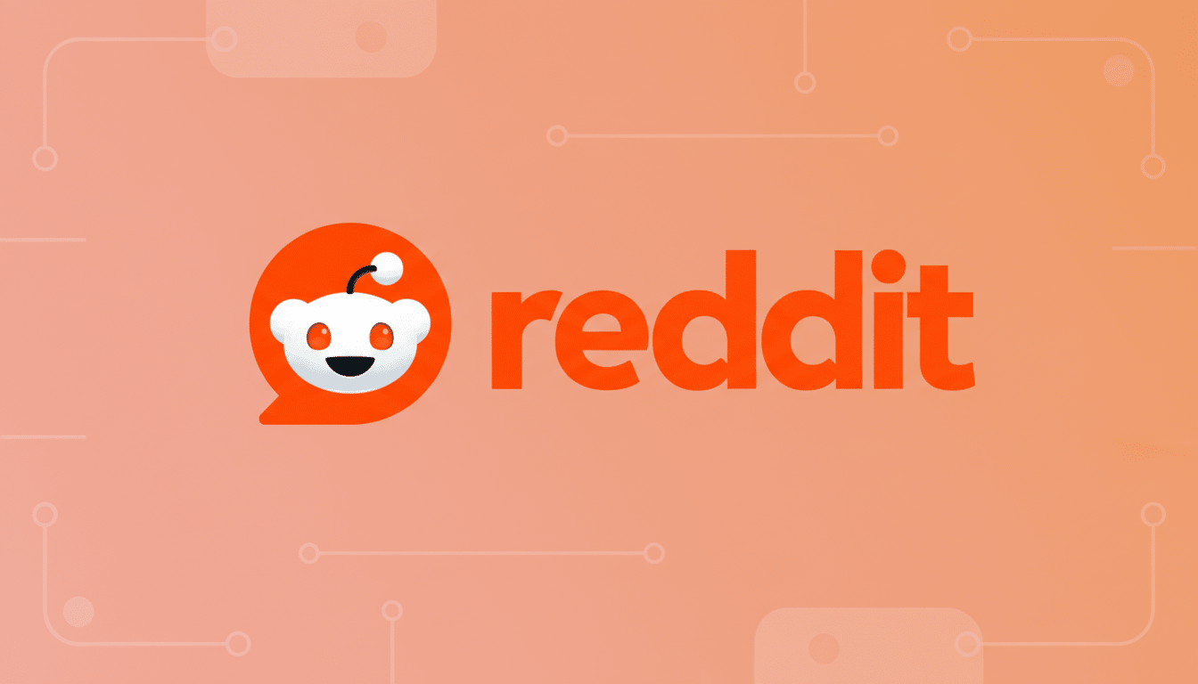 The Reddit logo, featuring the white Snoo alien head in an orange speech bubble next to the orange reddit text, set against a professional flat design background with soft orange gradients and subtle circuit-like patterns.