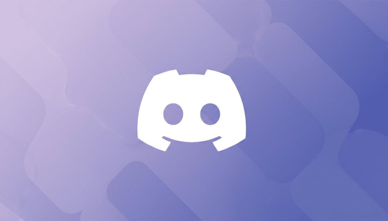The Discord logo, a white game controller icon with two circles for eyes and a curved line for a mouth, centered on a professional 16:9 aspect ratio background with a soft purple gradient and subtle, rounded rectangular patterns.