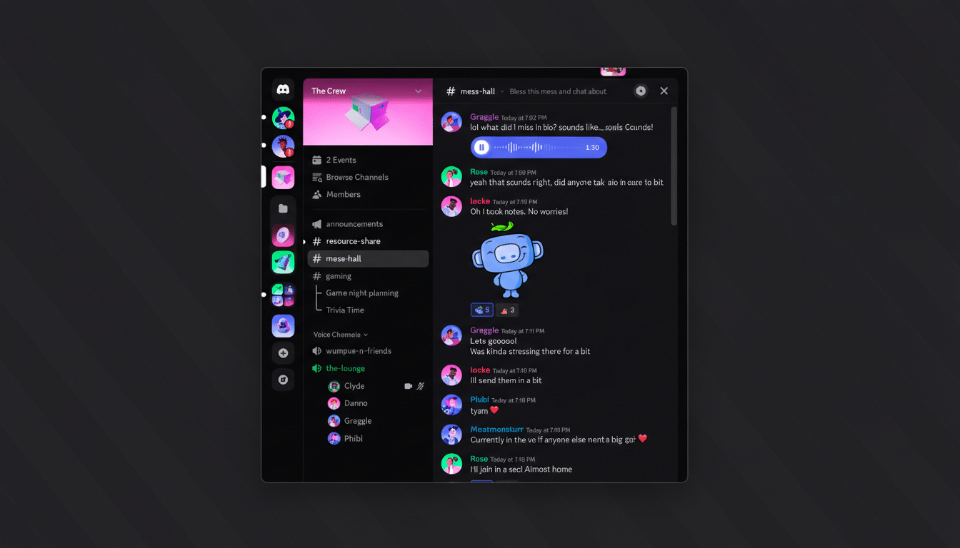 A screenshot of a Discord chat interface, resized to a 16:9 aspect ratio. The chat shows various users interacting in a channel called mess-hall, with a focus on a blue robot character illustration. The background is a professional flat design with soft gradients, maintaining the original Discord interface elements.