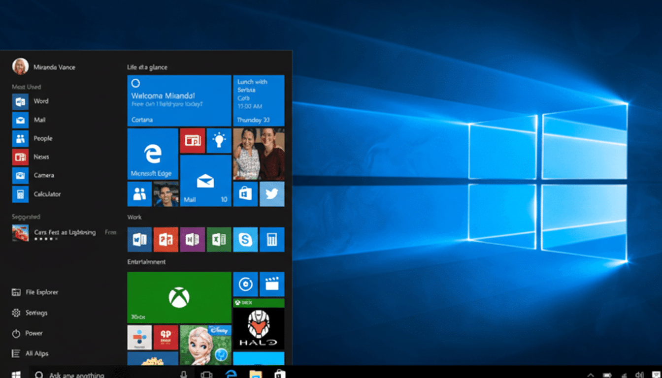 A screenshot of the Windows 10 desktop with the Start Menu open, displaying various app tiles and user information.
