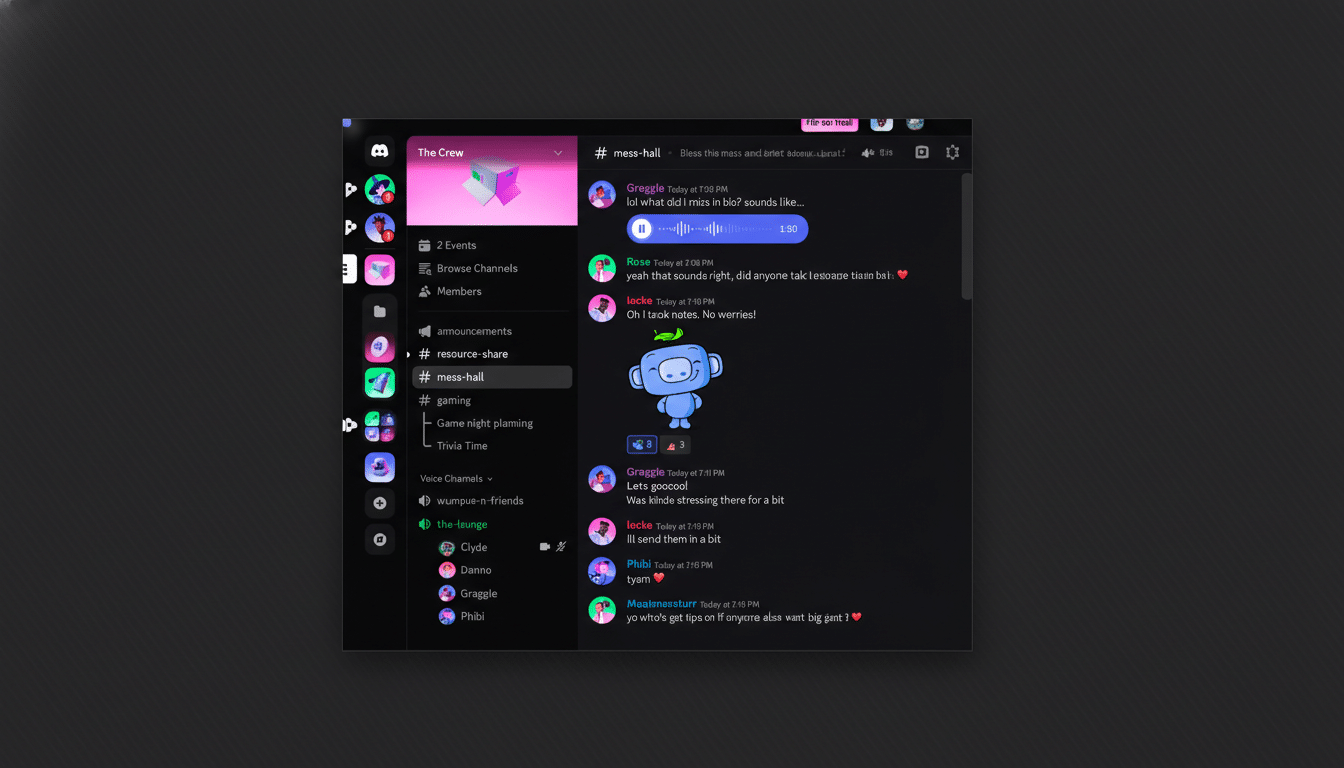 A Discord screenshot with a 16:9 aspect ratio, featuring a dark theme with various channels and user interactions.
