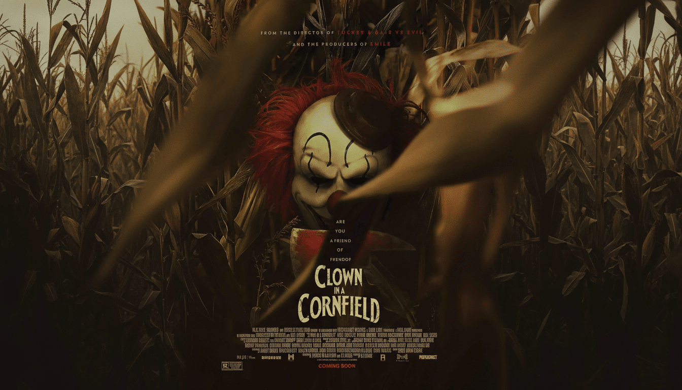A movie poster for Clown in a Cornfield featuring a menacing clown face with red hair and a small hat, partially obscured by corn stalks, with the title and credits below.