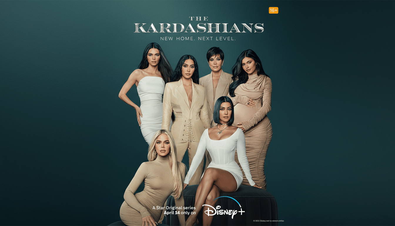 A promotional poster for The Kardashians featuring six women, including Kim, Kourtney, Khloé, Kendall, Kylie, and Kris, against a dark teal background. The title THE KARDASHIANS is at the top, with NEW HOME. NEXT LEVEL. below it. The Disney+ logo and release information are at the bottom.