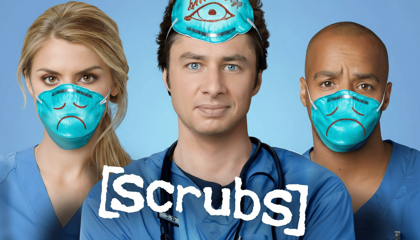 A promotional image for the TV show Scrubs featuring three main characters, J.D., Elliot, and Turk, in medical scrubs. J.D. is in the center, looking directly at the viewer, while Elliot and Turk are on either side, wearing blue medical masks with drawn-on expressions. The background is a solid blue.