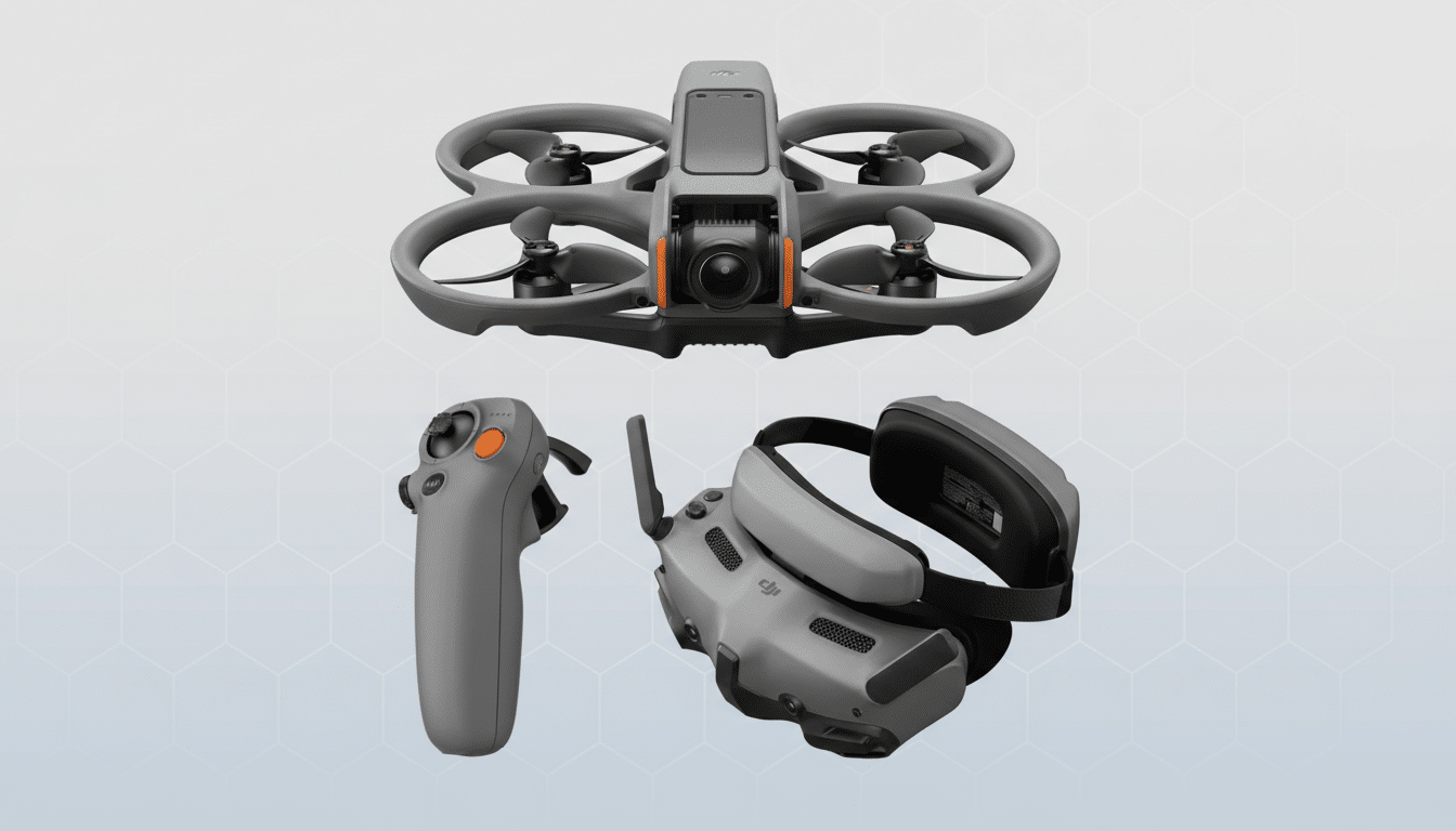A professional 16:9 aspect ratio image featuring a grey drone, a grey remote control, and grey FPV goggles, all against a light grey background with subtle hexagonal patterns.