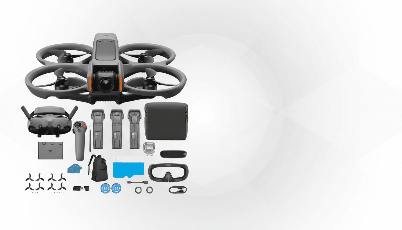 A professional, enhanced image of a DJI Avata drone and its accessories, including a remote control, goggles, batteries, and other components, arranged on a clean, white-to-light-gray gradient background with subtle circular patterns, resized to a 16:9 aspect ratio.