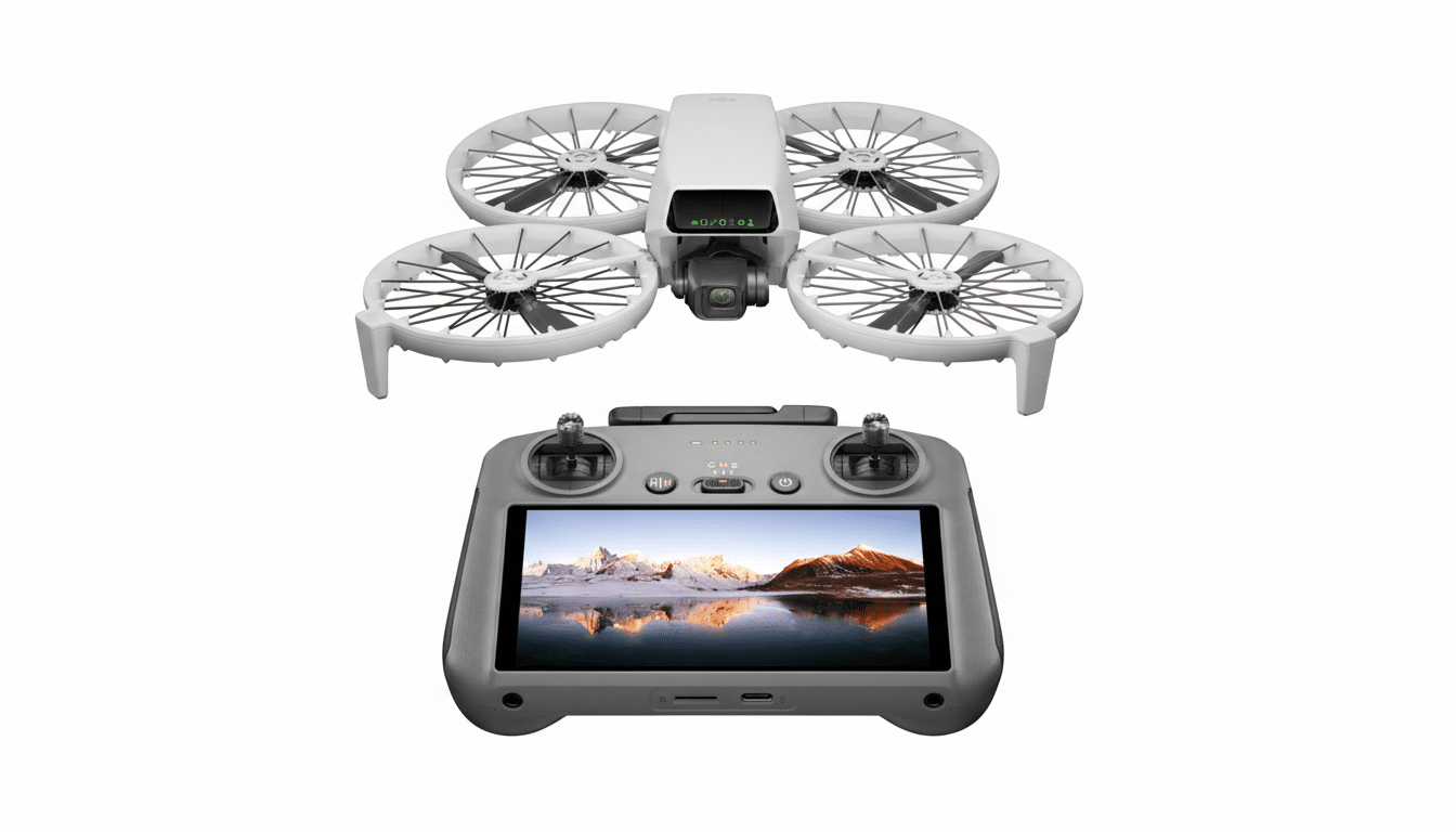 A white drone with propeller guards and a gray remote controller with a screen displaying a snowy mountain landscape reflected in water.