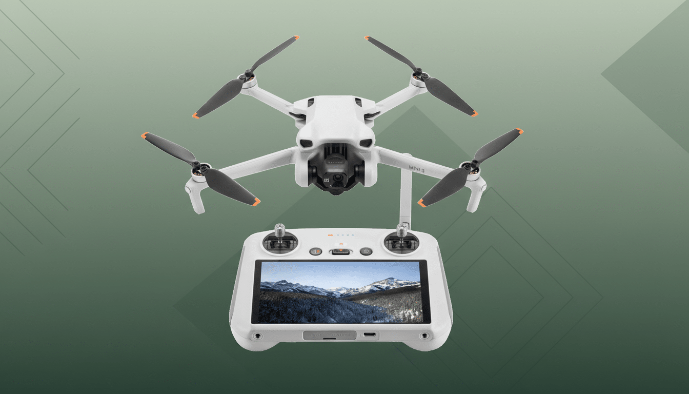 A white DJI Mini 3 drone and its remote controller with a screen displaying a snowy mountain landscape, set against a professional flat design background with soft green gradients and subtle geometric patterns.