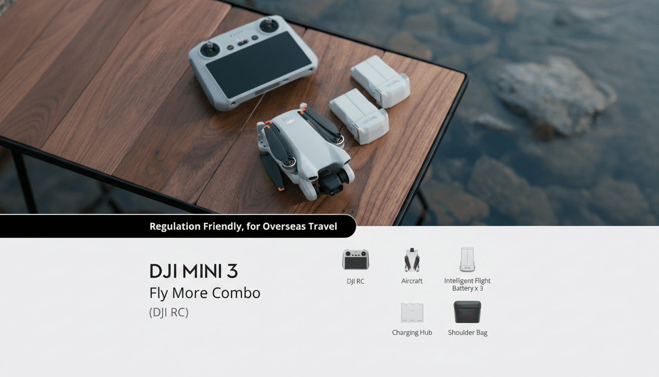 A DJI Mini 3 drone, remote control, and three batteries are displayed on a wooden table next to water, with text overlays detailing the DJI Mini 3 Fly More Combo and its components.