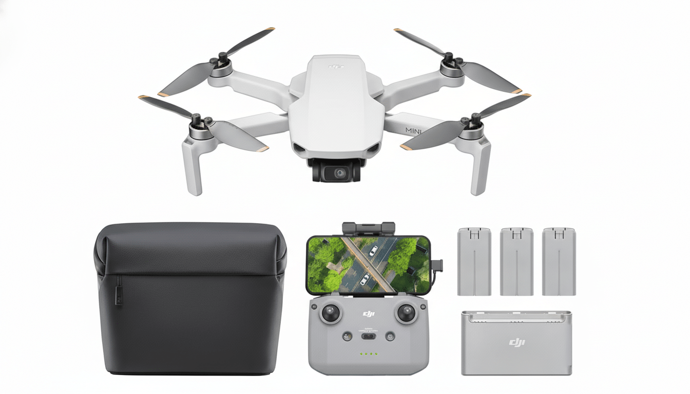 A white DJI Mini drone, a black carrying case, a remote controller with a smartphone displaying a road, three drone batteries, and a battery charging hub, all arranged on a white background.