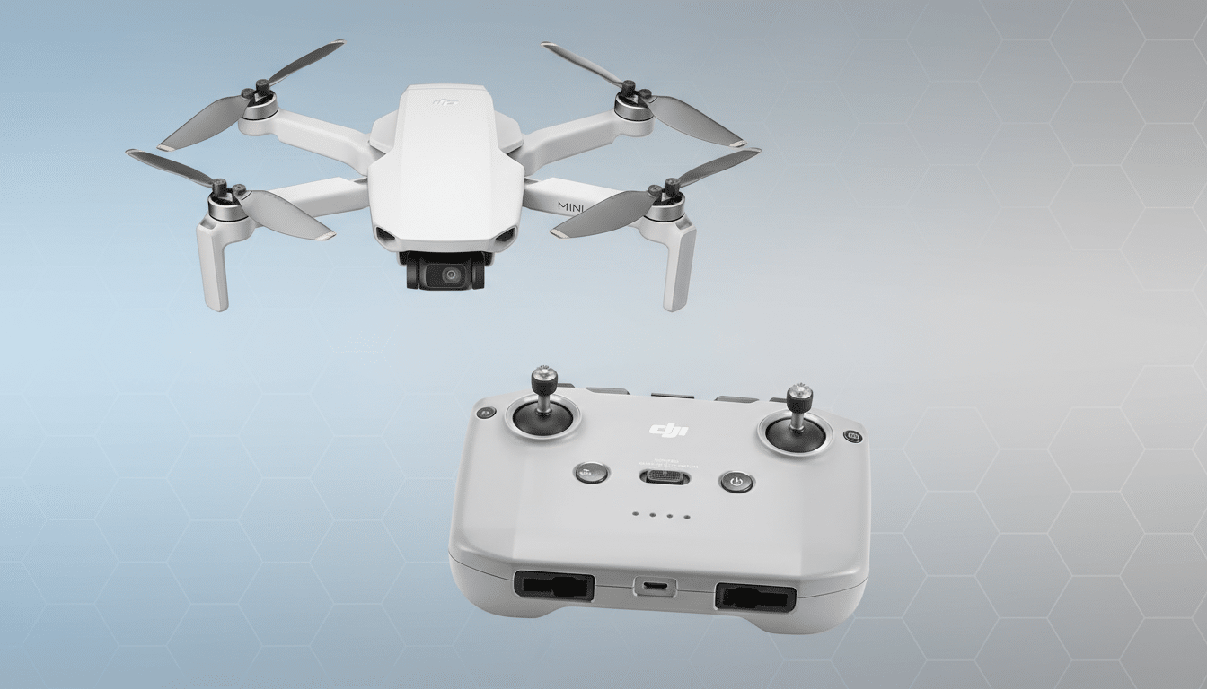 A DJI Mini drone and its remote control are presented on a professional flat design background with soft patterns and gradients.