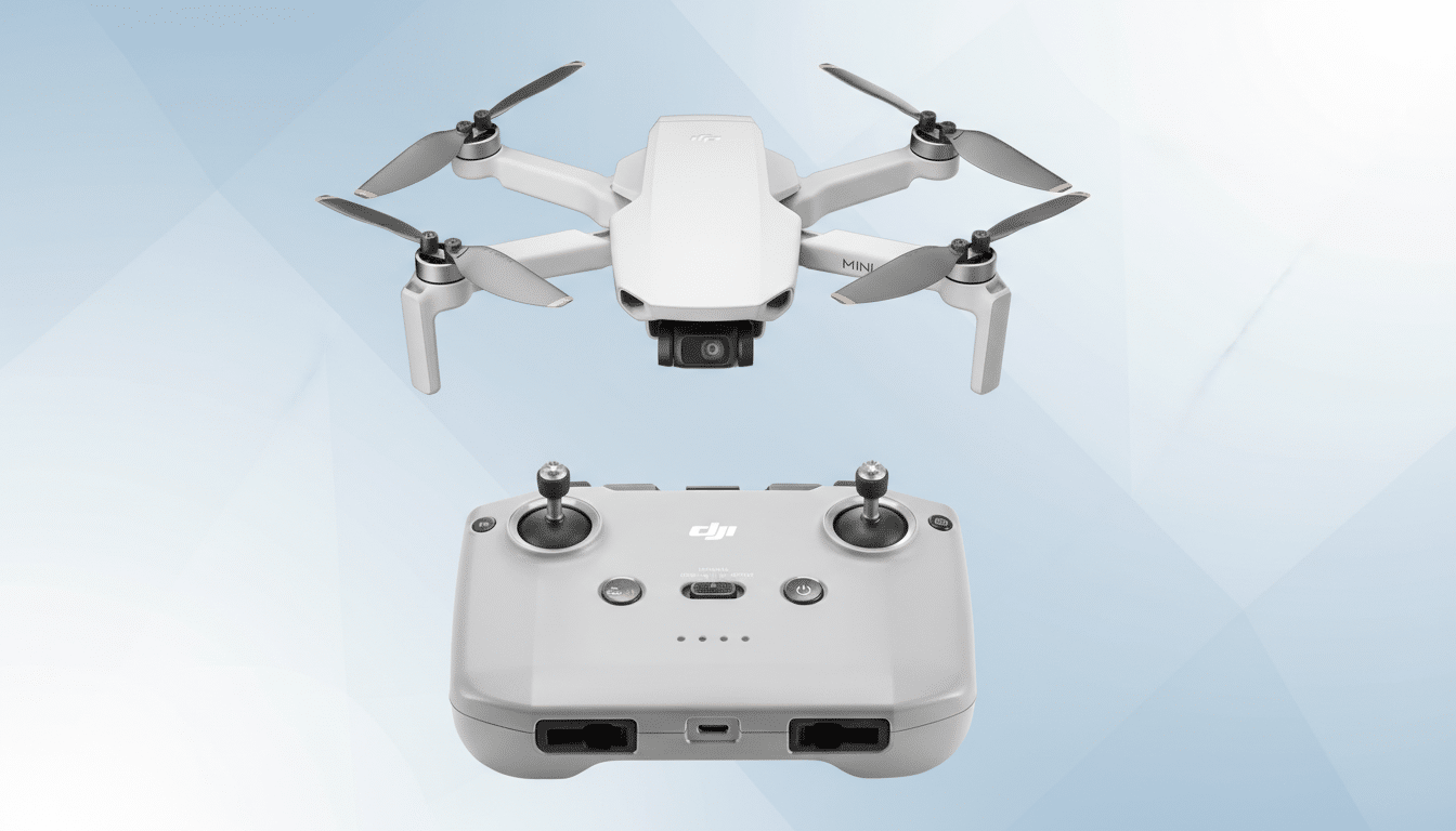 A white DJI Mini drone and its remote control are presented on a professional light blue background with subtle geometric patterns.