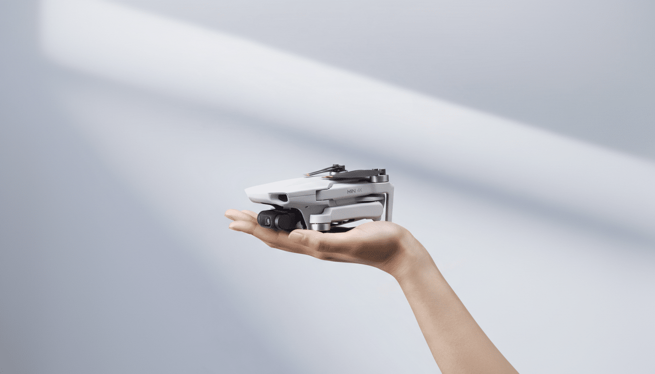 A hand holding a white DJI Mini 4K drone, resized to a 16:9 aspect ratio with the original background maintained.