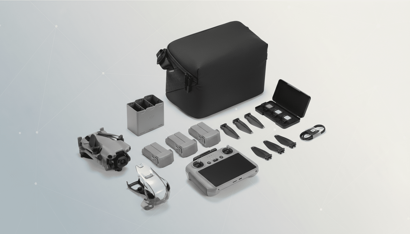 A professional overhead shot of a DJI Mini 3 Pro drone and its accessories, including a remote controller, multiple batteries, propellers, a charging hub, and a carrying bag, all arranged neatly on a clean, light gray background with subtle geometric patterns.