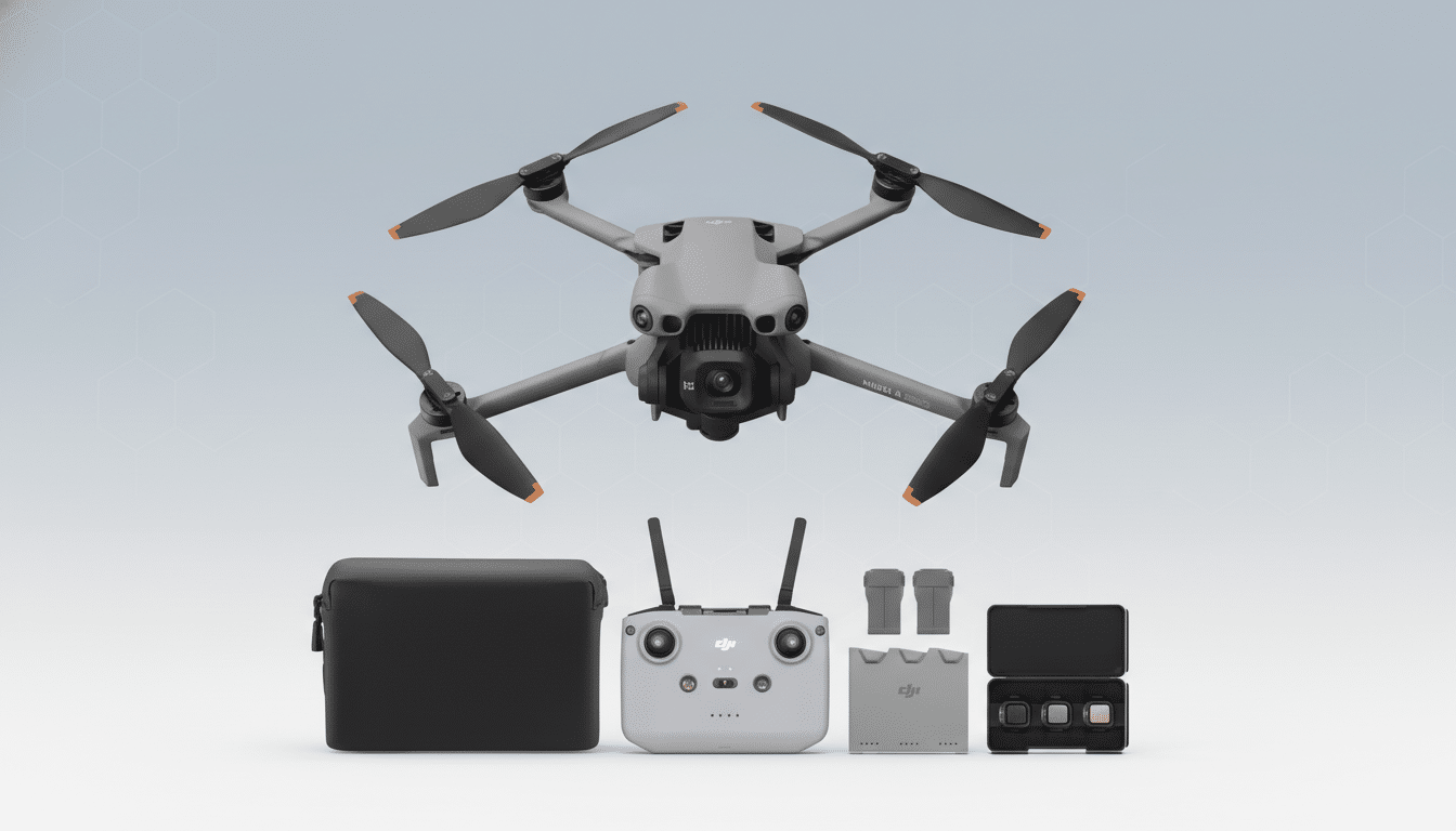 A DJI Mavic 3 Classic drone and its accessories, including a carrying case, remote controller, extra batteries, charging hub, and ND filters, arranged on a professional flat design background with soft hexagonal patterns.