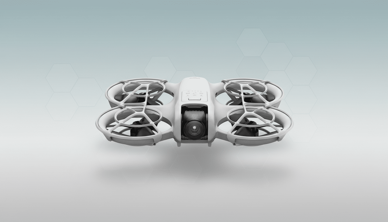 A white drone with a camera on its front, set against a professional light blue and grey gradient background with subtle hexagonal patterns.