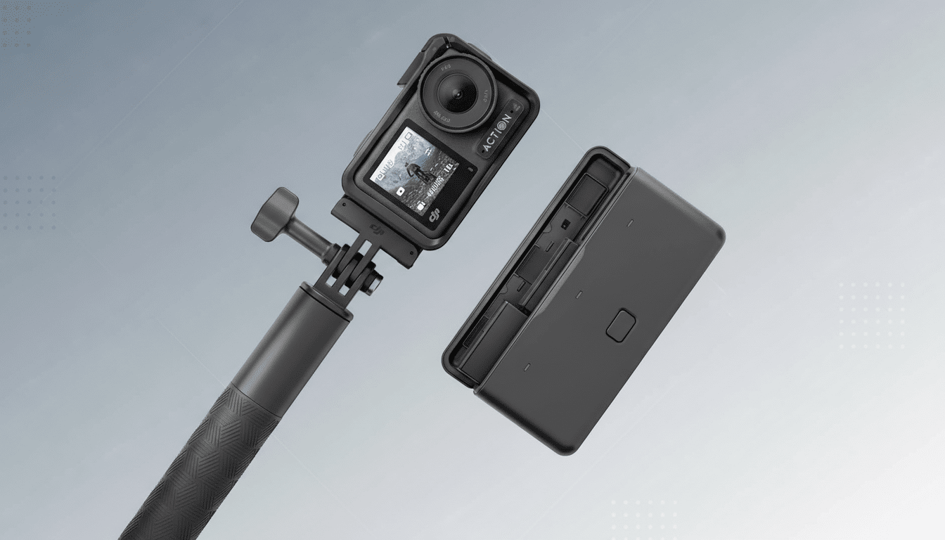 A DJI Osmo Action 4 camera mounted on a selfie stick, next to its battery case, presented on a professional flat design background with soft patterns and gradients.