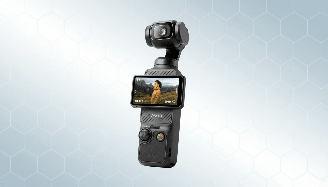 A DJI Osmo Pocket 3 camera with a screen displaying a woman in a yellow jacket standing in a mountainous landscape, set against a professional light blue background with a subtle hexagonal pattern.