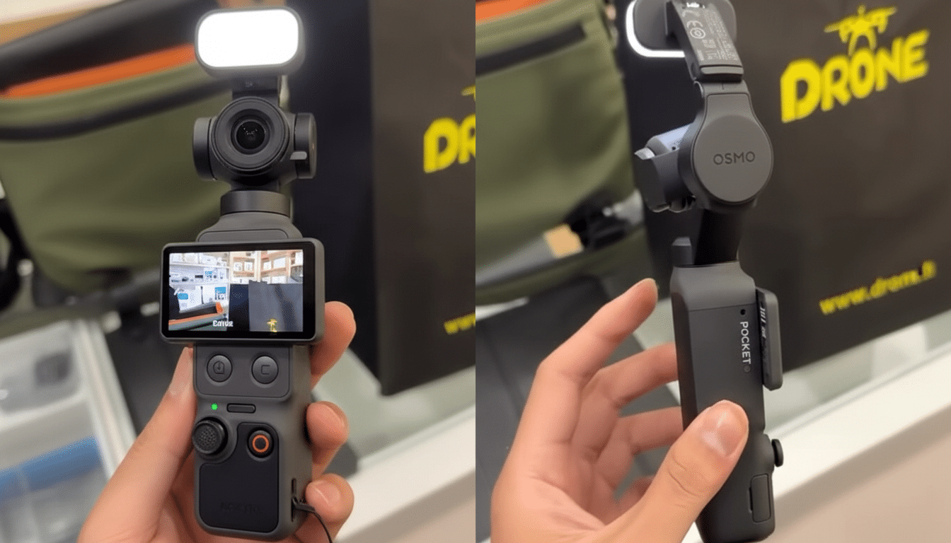 A person holding a DJI Osmo Pocket 2 camera with a fill light accessory, resized to a 16:9 aspect ratio.