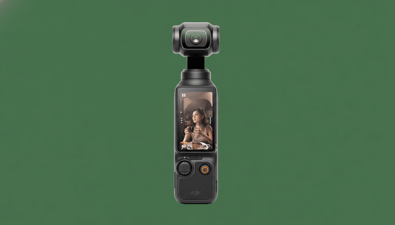 A black DJI Pocket 2 camera with a screen displaying a woman holding a cup, set against a solid dark green background.
