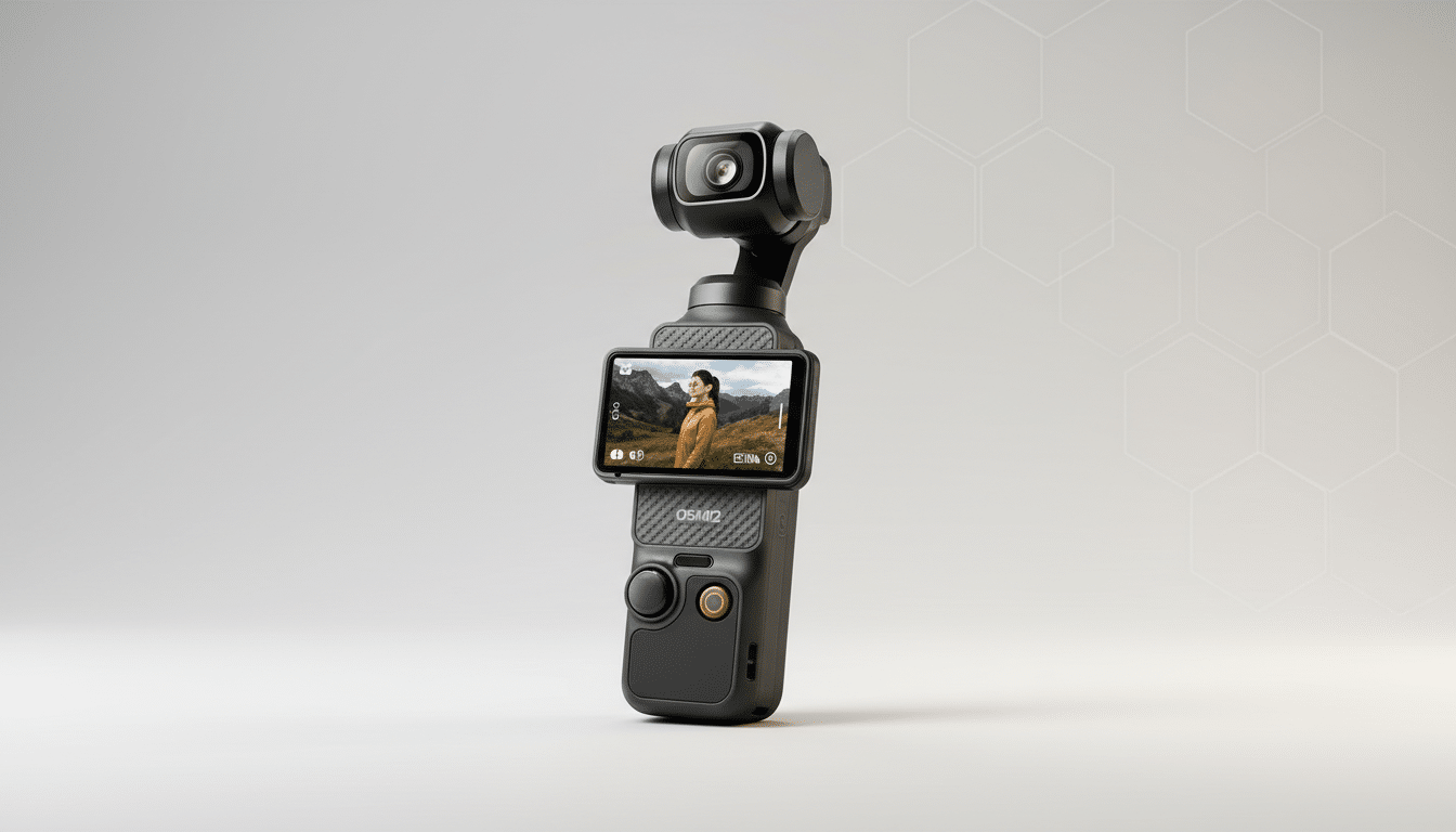 A black DJI Osmo Pocket 3 camera with a screen displaying a woman in a yellow jacket standing in a mountainous landscape, set against a professional light gray background with subtle hexagonal patterns.