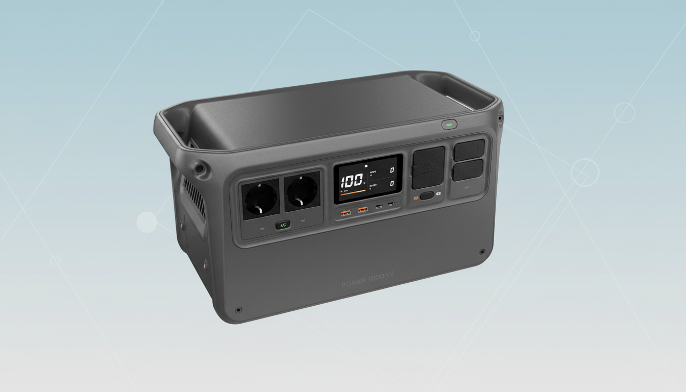 A gray portable power station with a digital display showing 100% charge, featuring various power outlets and ports, set against a professional light blue background with subtle geometric patterns.