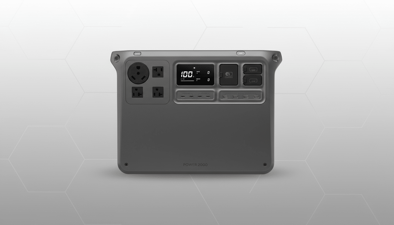 A gray portable power station with multiple outlets and a digital display, set against a professional light gray background with a subtle hexagonal pattern.