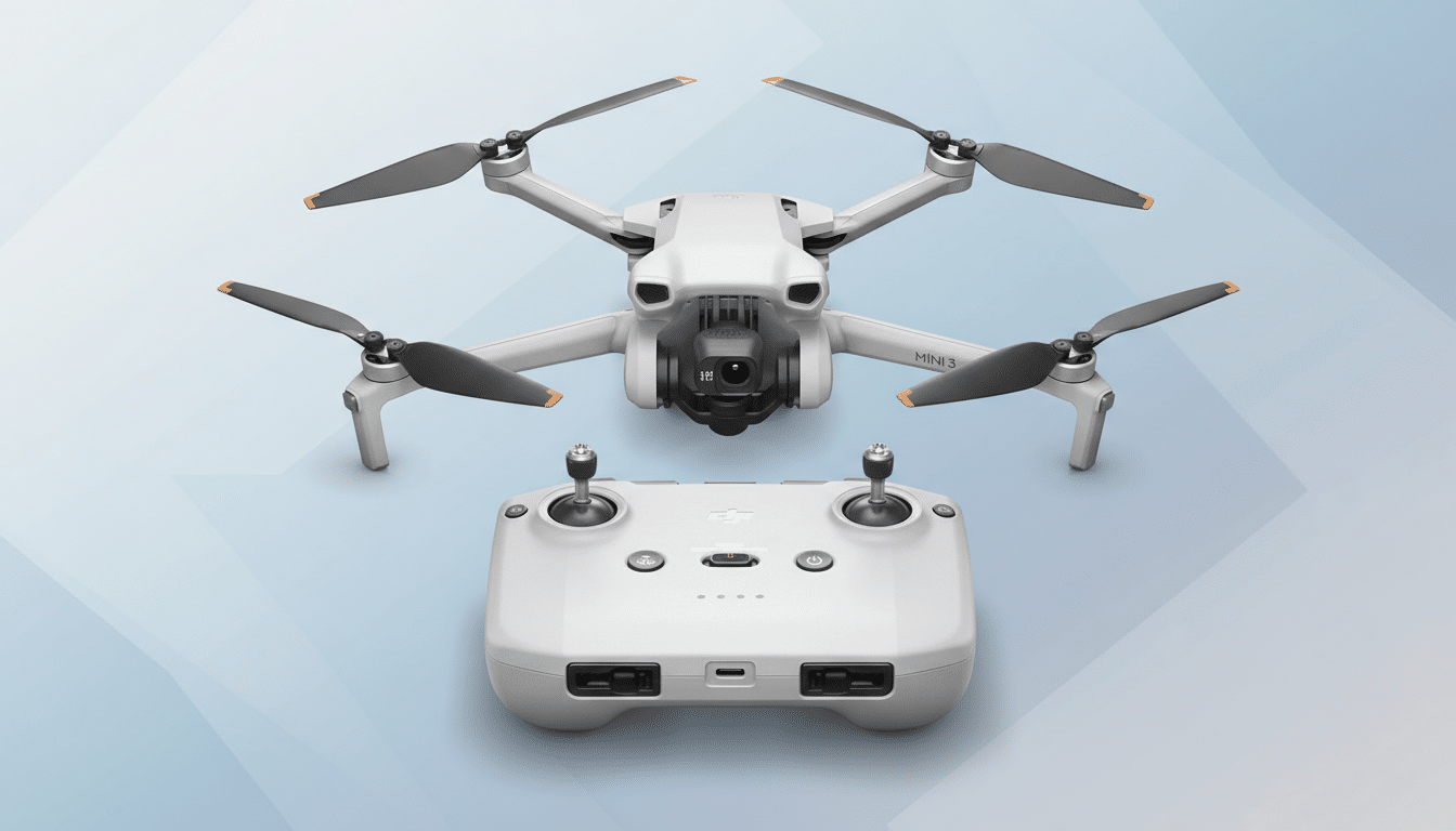 A white DJI Mini 3 drone and its remote controller are presented on a professional flat design background with soft blue and grey gradients and subtle geometric patterns.