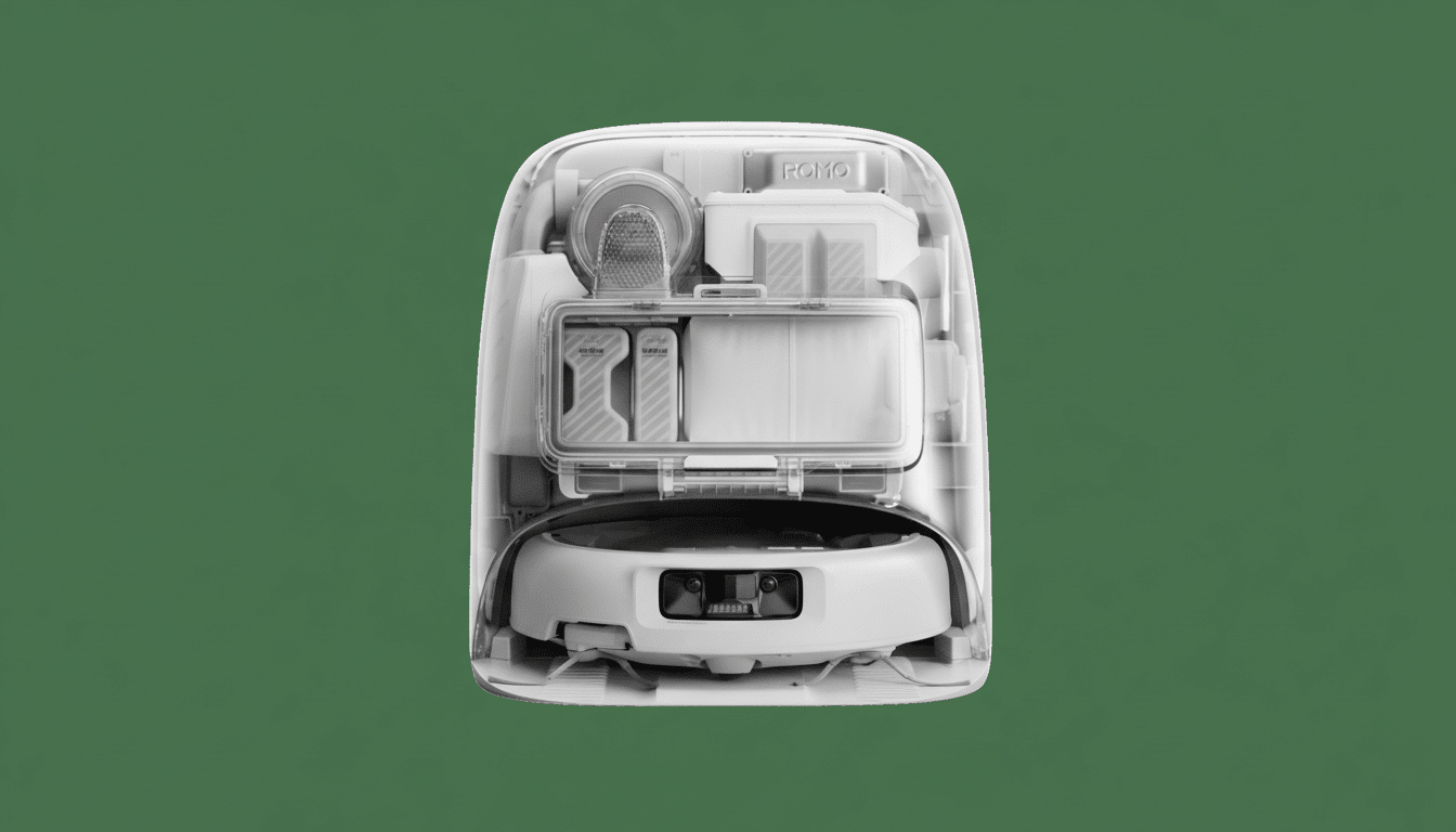 A white robotic vacuum cleaner with its top cover open, revealing internal components and a transparent water tank, set against a solid green background.