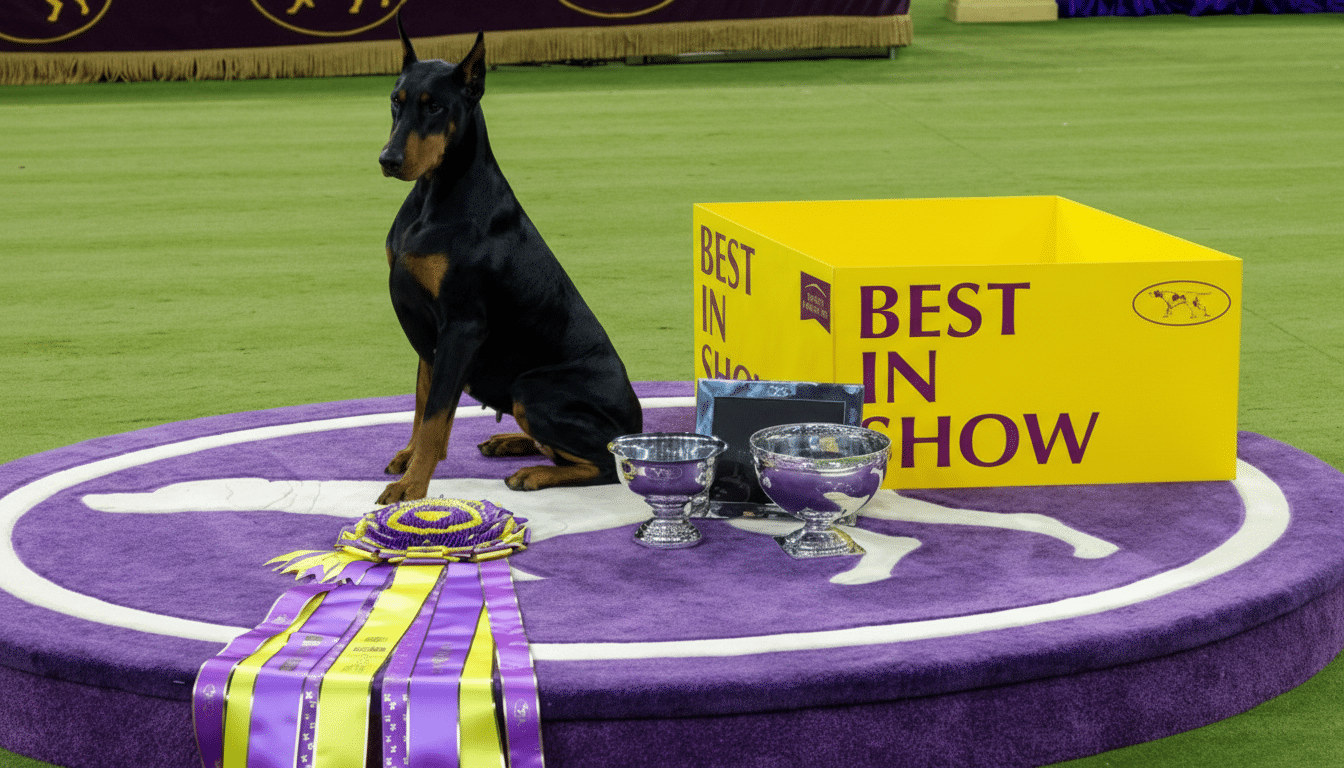 A Doberman Pinscher dog sits on a purple podium with Best in Show ribbons and trophies, next to a yellow box also labeled Best in Show, on a green carpet.