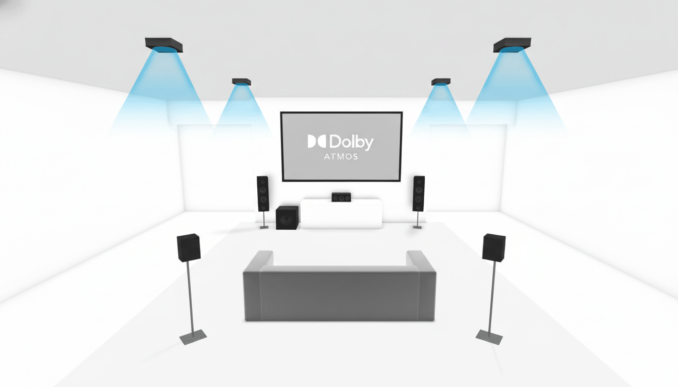 A diagram of a Dolby Atmos home theater setup in a white room, showing a screen with the Dolby Atmos logo, a sofa, and multiple speakers positioned for immersive sound.