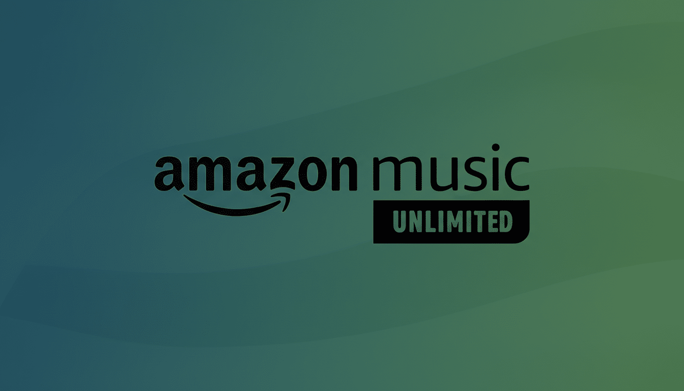 The Amazon Music Unlimited logo is displayed on a background with a gradient of dark teal to dark green, featuring subtle, wavy lines. The logo itself is black, with amazon music in a sans-serif font and the Amazon smile logo underneath amazon. Below music and slightly to the right, a black rectangular box with rounded corners contains the word UNLIMITED in white, sans-serif capital letters.