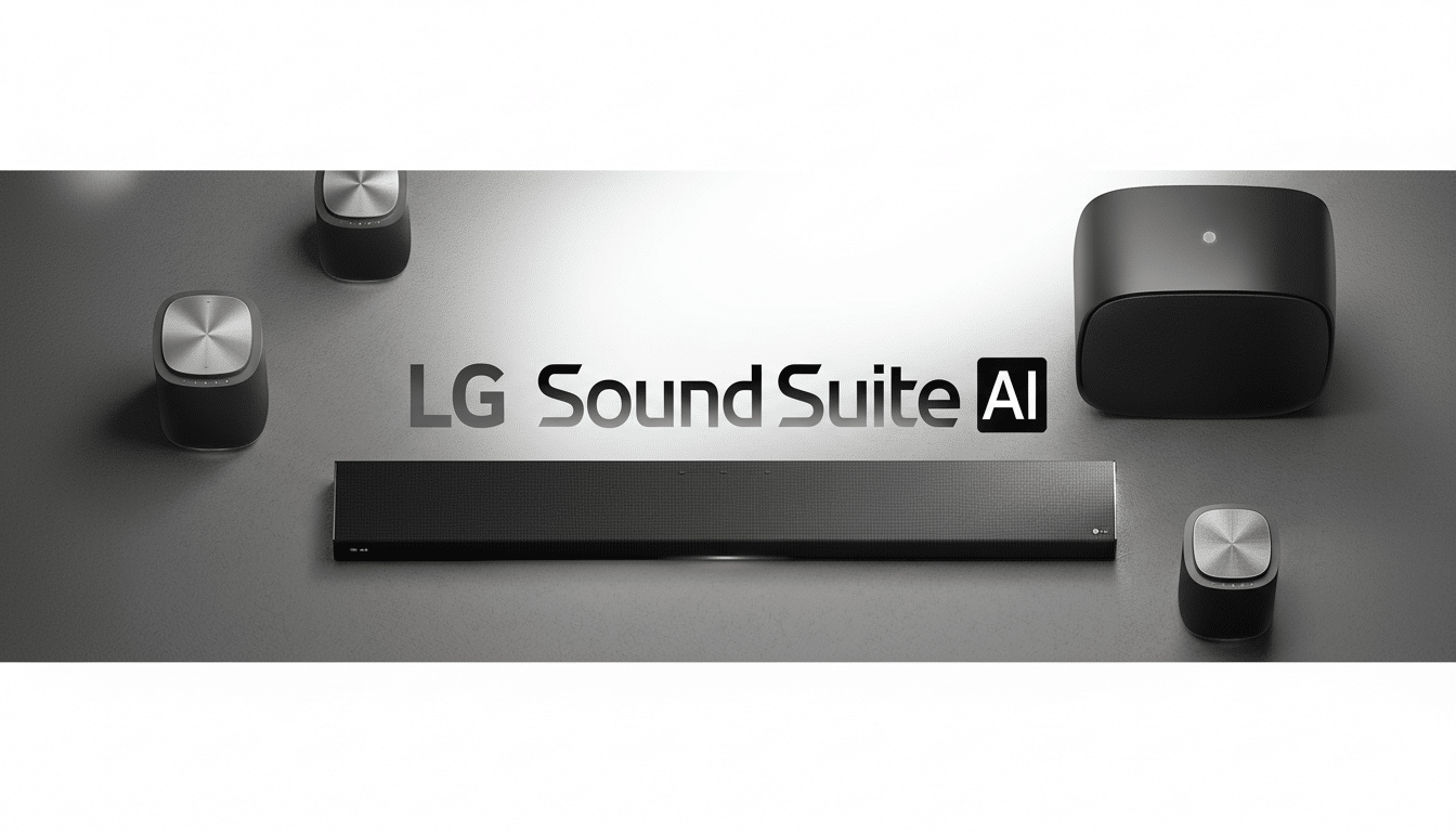 A professional image of LG Sound Suite AI audio products, including a soundbar and four satellite speakers, arranged on a light gray surface with a subtle gradient background.