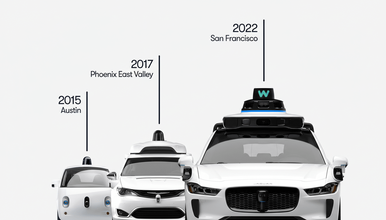 Three generations of Waymo self-driving cars are shown from front view, with the earliest model from 2015 on the left and the latest from 2022 on the right.