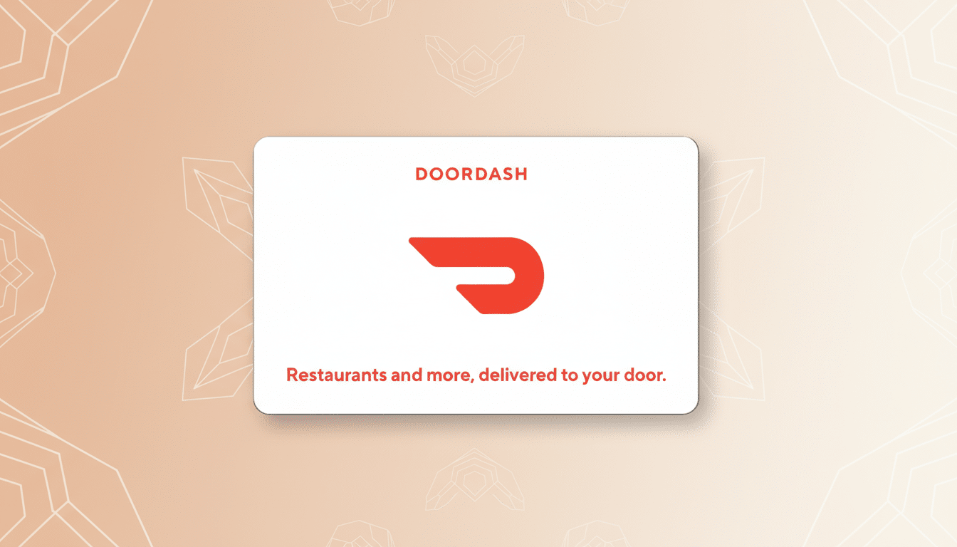A DoorDash gift card with the DoorDash logo and slogan Restaurants and more, delivered to your door on a professional flat design background with soft patterns and gradients.