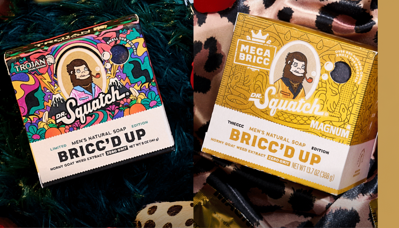 Two Dr. Squatch soap boxes, Briccd Up and Mega Bricc Magnum, are displayed on a textured background.