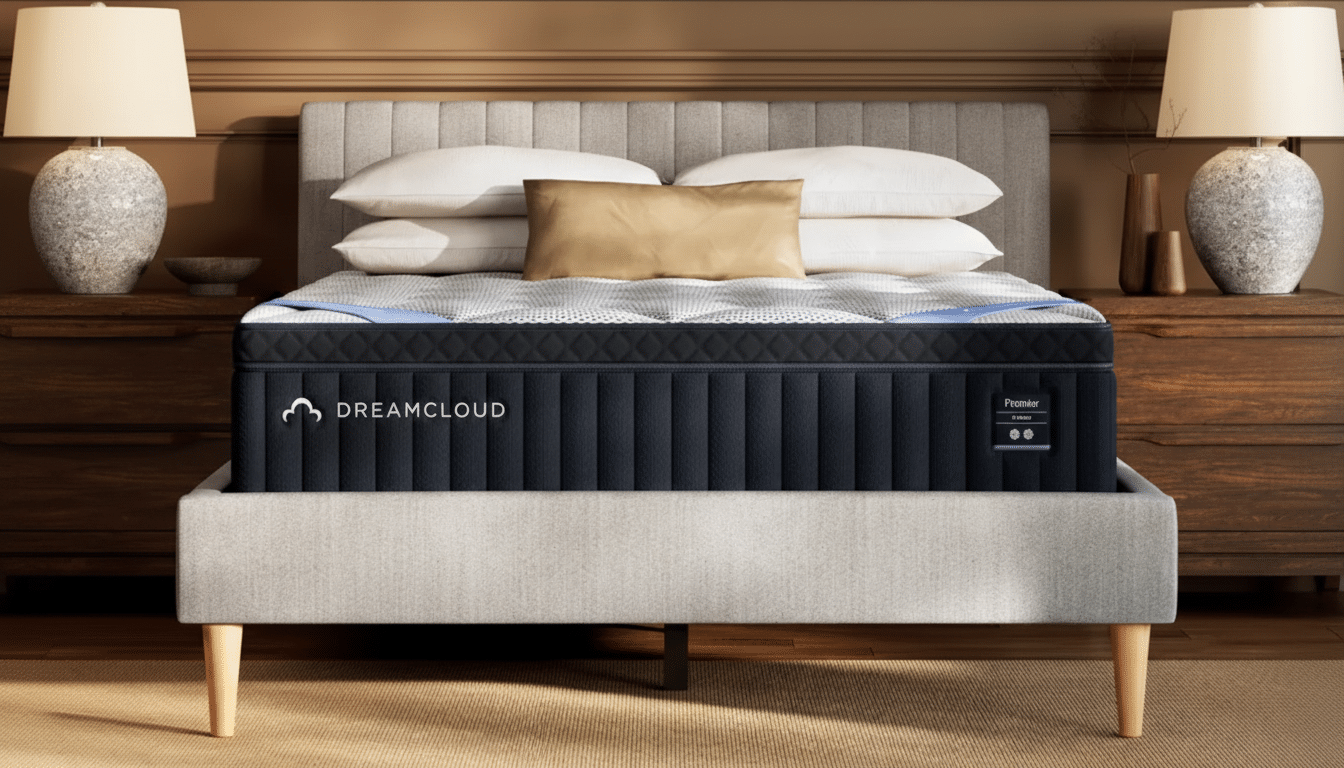 A DreamCloud Premier mattress on a bed frame in a bedroom setting.