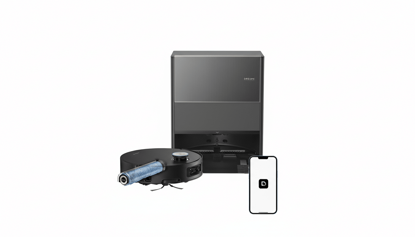 A black robotic vacuum cleaner with a blue roller brush, a matching black self-emptying dock, and a smartphone displaying the Dreame app, all presented on a clean white background.