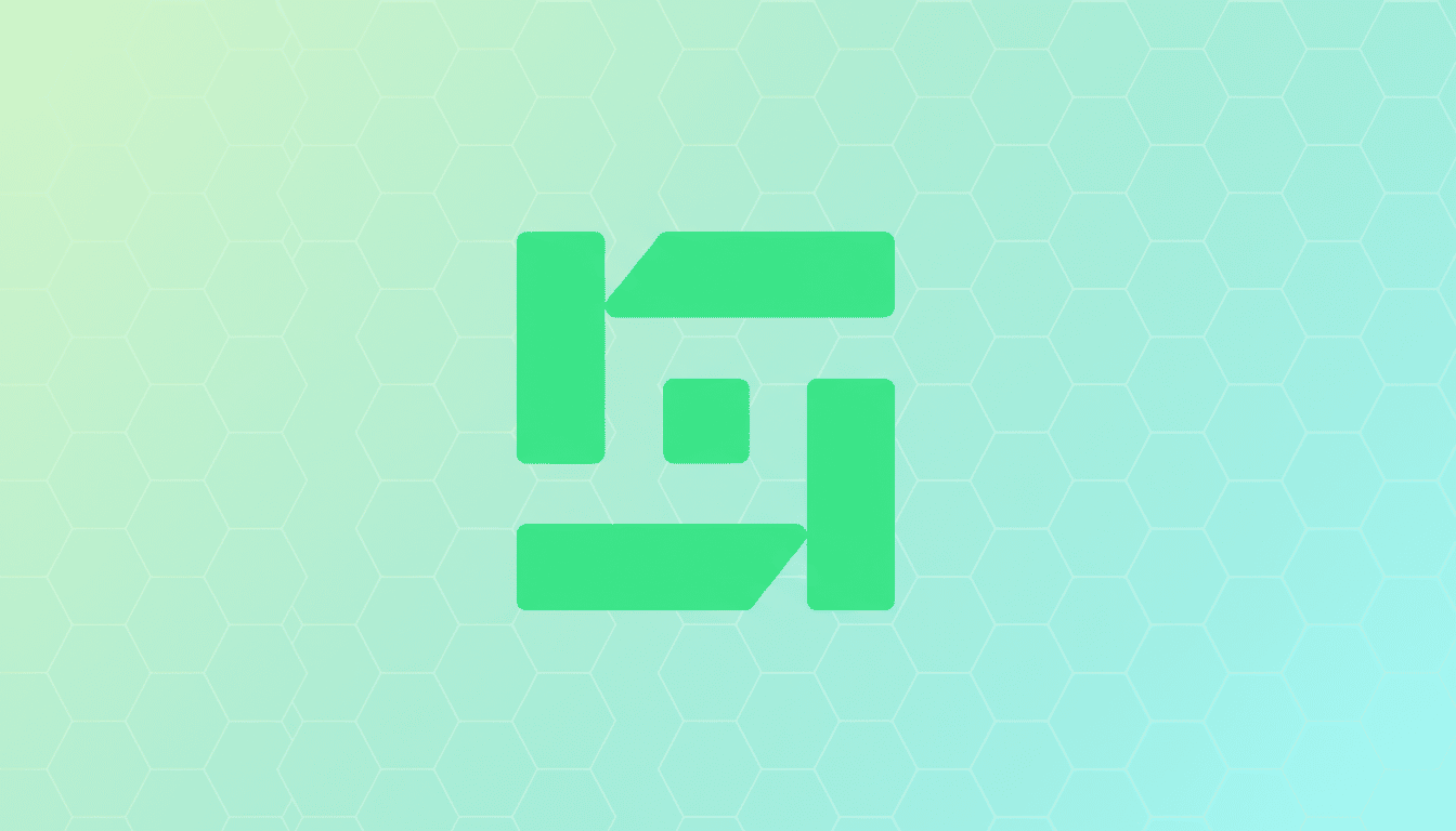 A green abstract logo on a light blue and green gradient background with a subtle hexagonal pattern.